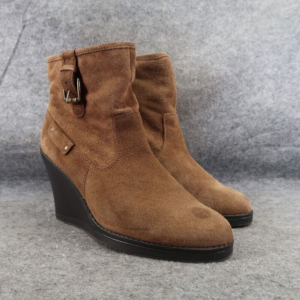 Liz Claiborne Shoes Women 8.5 Bootie Wedge Ankle Boot Leather Buckle Basil Brown